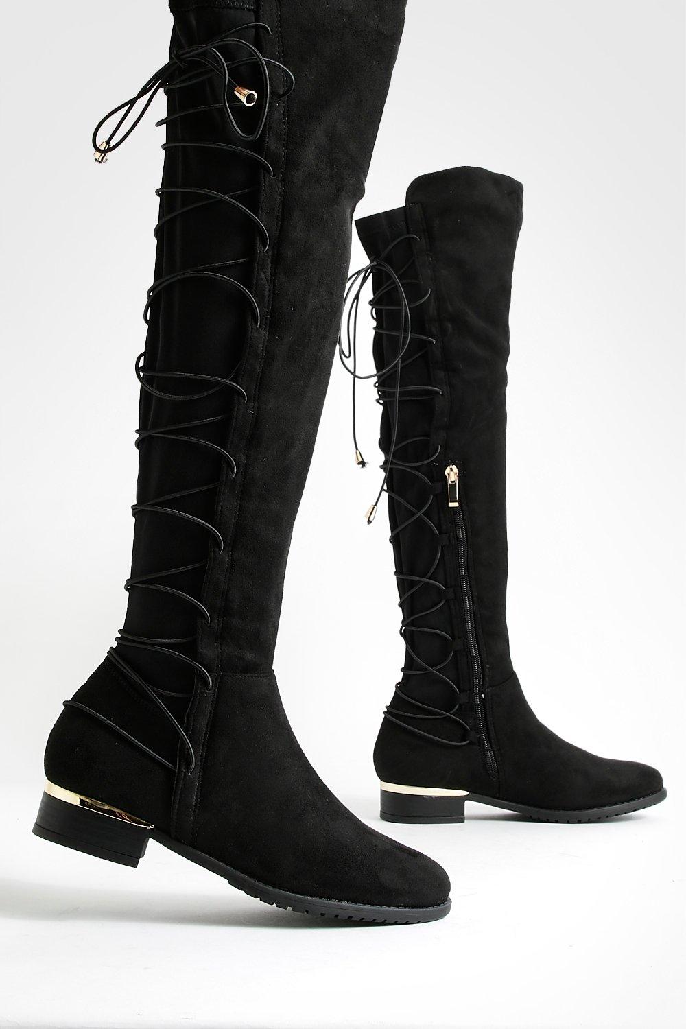 Bungee Lace Back Faux Suede Knee High Boots boohoo