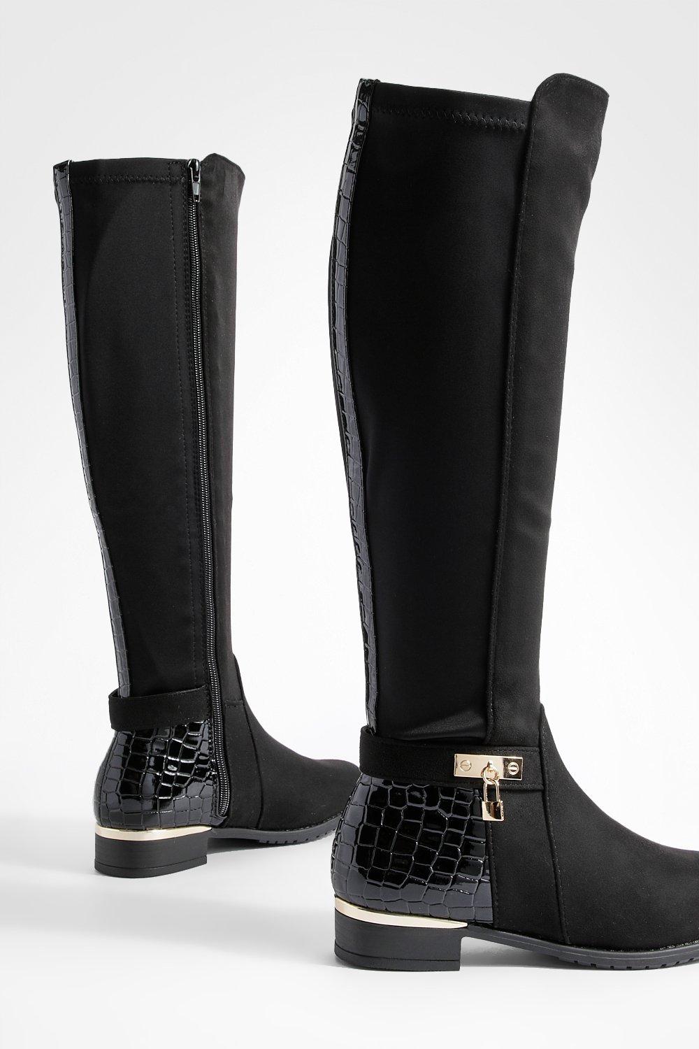 Flat black leather outlet knee high boots womens