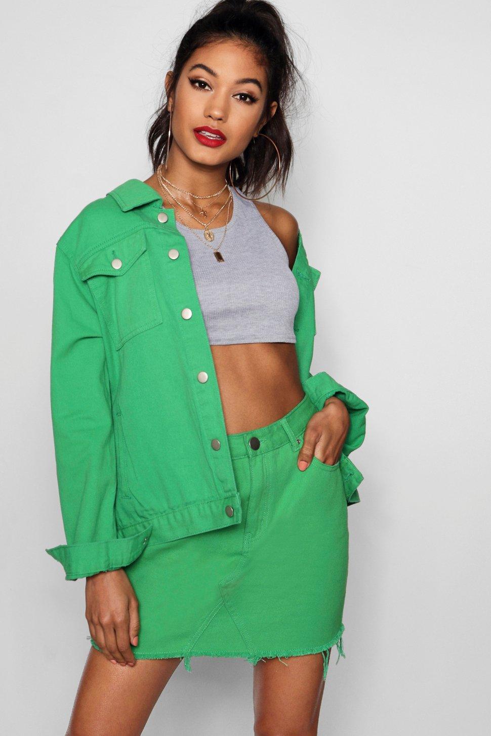 green jean mini skirt