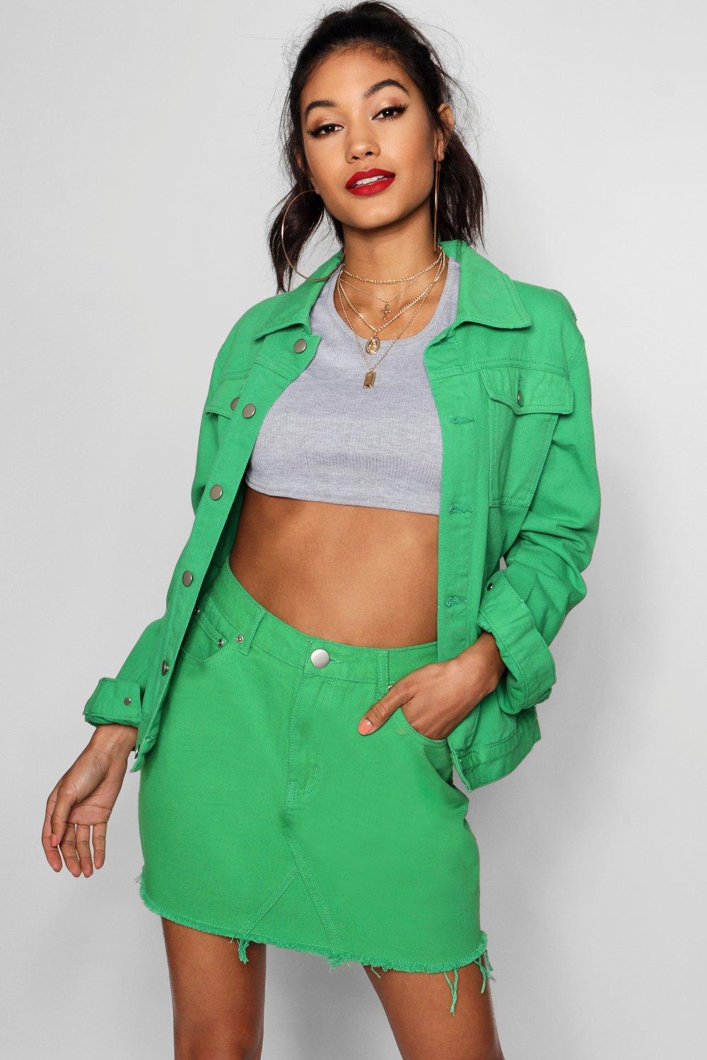 green denim mini