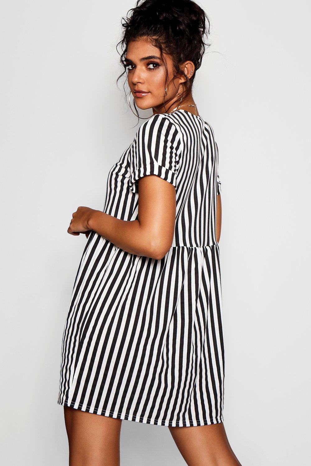 Boohoo black and shop white striped dress