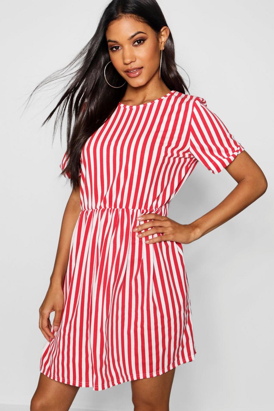 Red Striped Gathered Waist Smock Dress image number 1