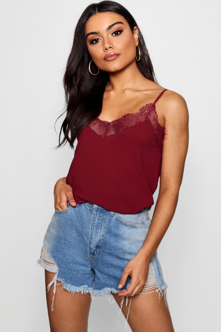 Berry Lace Trim Strappy Cami Top image number 1