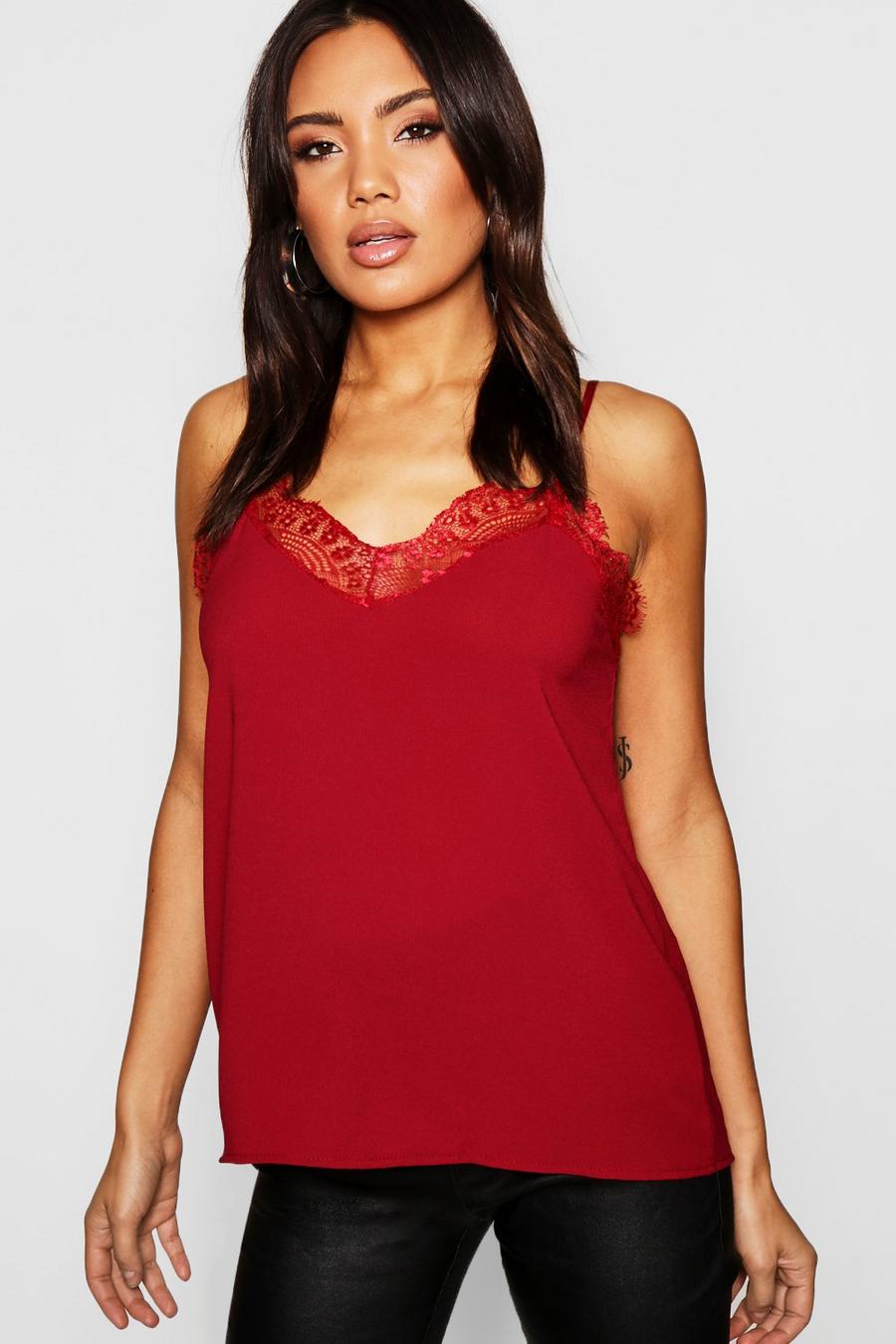 Burgundy Lace Trim Strappy Cami Top image number 1