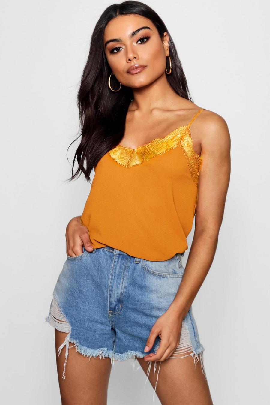 Mustard Lace Trim Strappy Cami Top image number 1