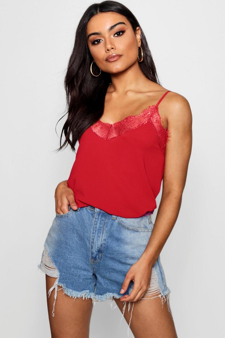 Red Lace Trim Strappy Cami Top image number 1