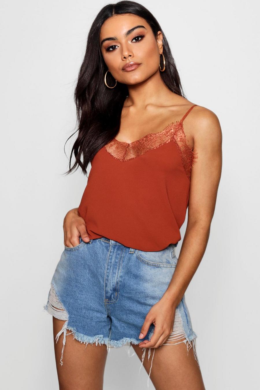 Tobacco Lace Trim Strappy Cami Top image number 1