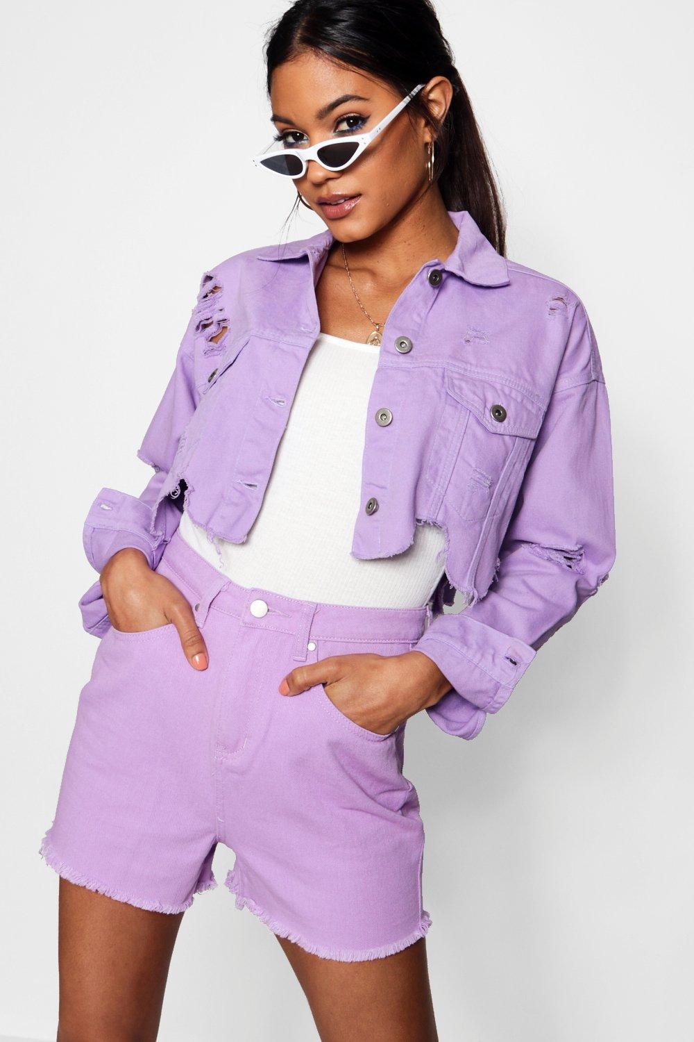 Lilac Distressed Cropped Denim Jacket 