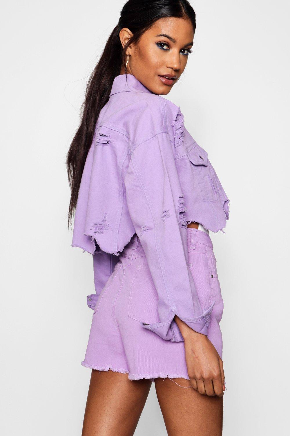 Lilac Distressed Cropped Denim Jacket