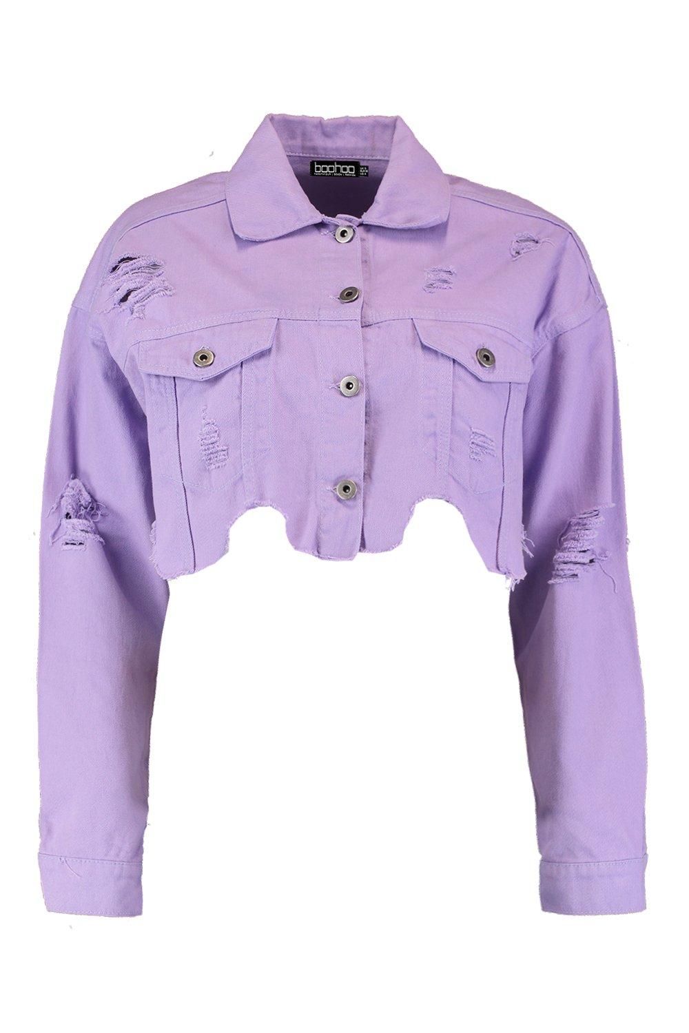 Lilac Distressed Cropped Denim Jacket