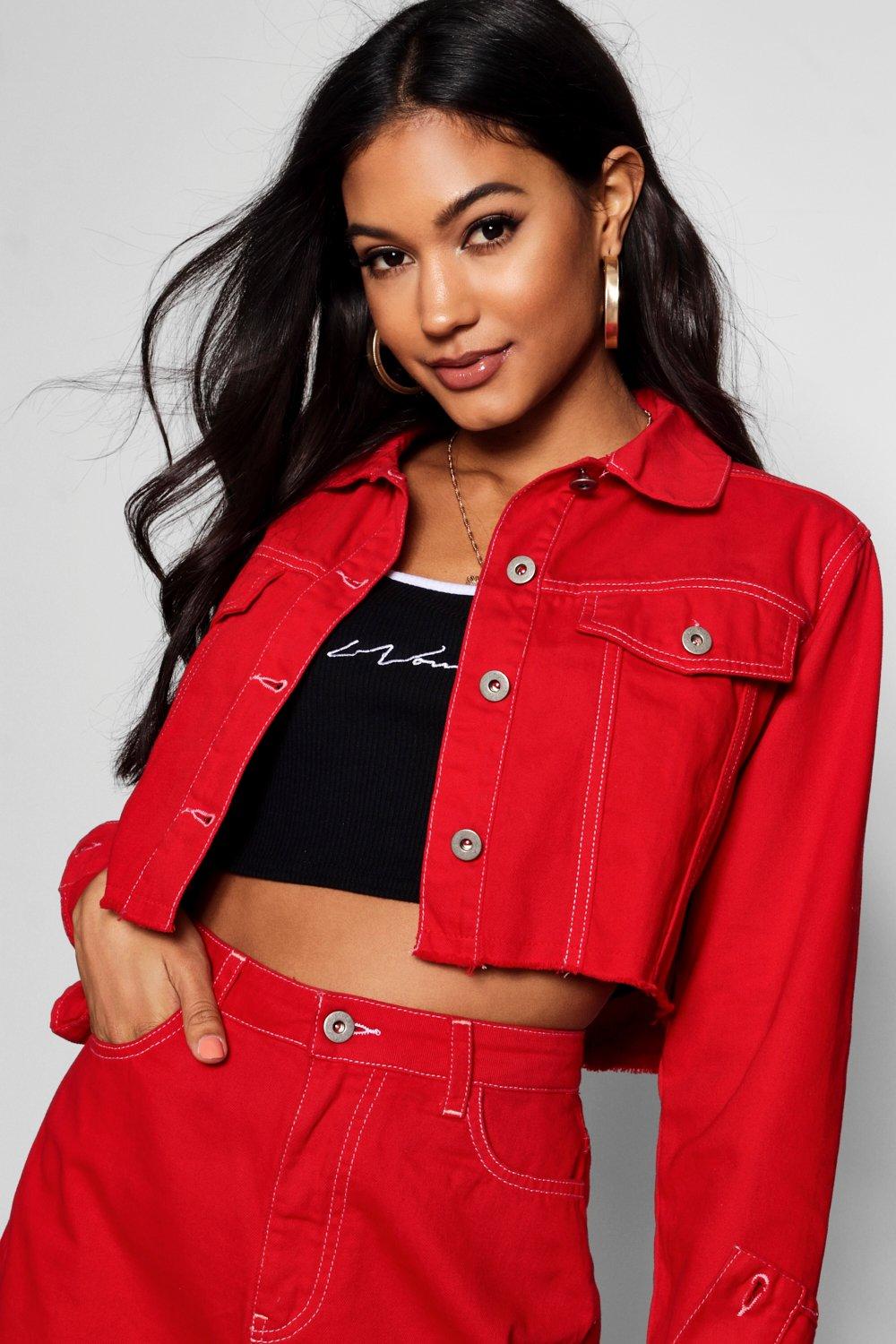 cheap red denim jacket