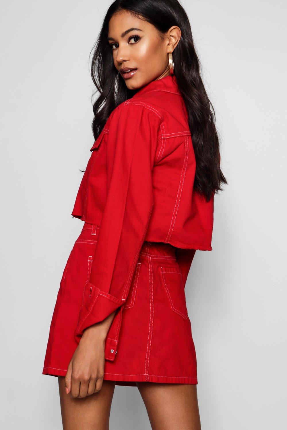 Boohoo red denim store skirt