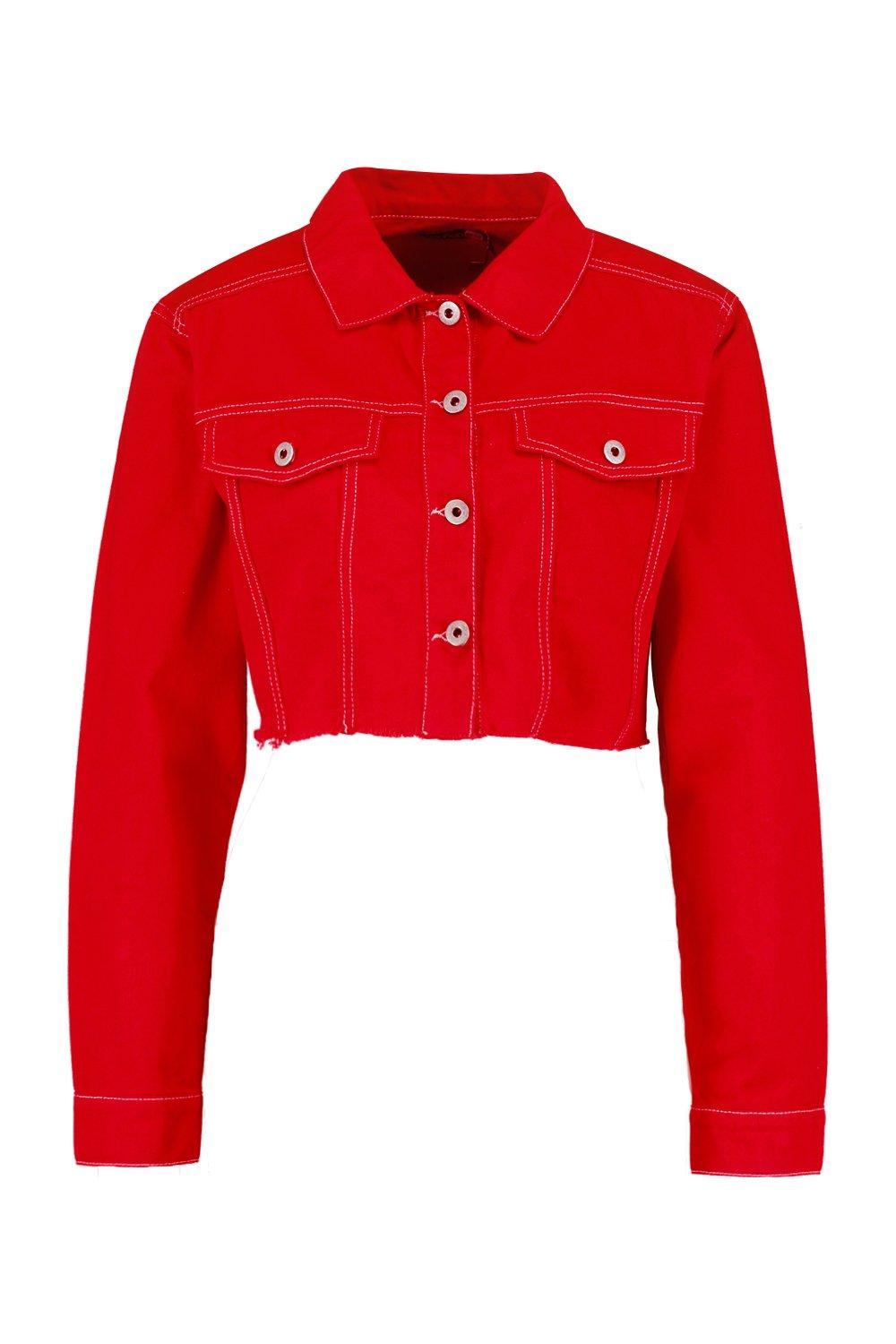 red distressed jean jacket