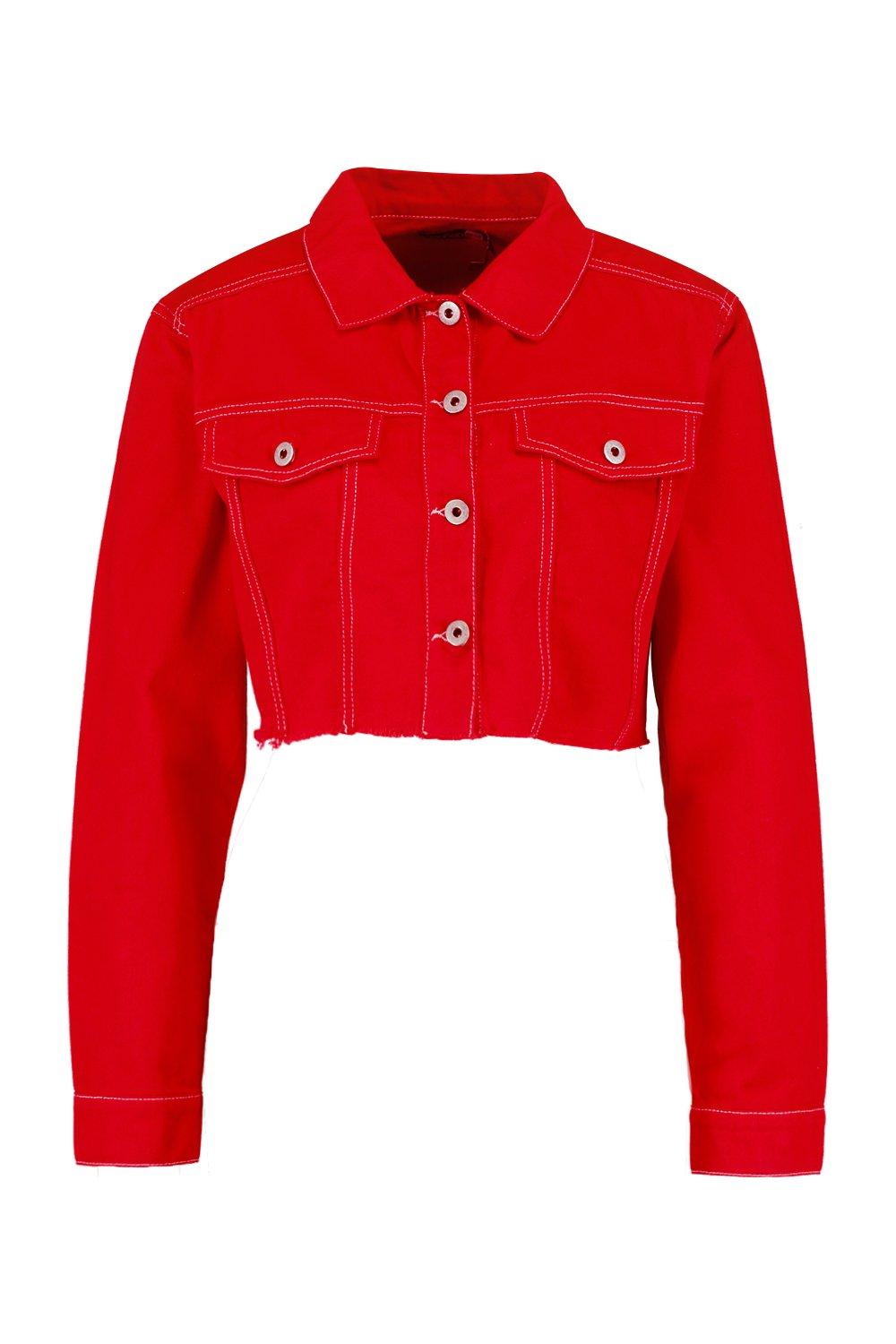 Red denim jacket store cropped