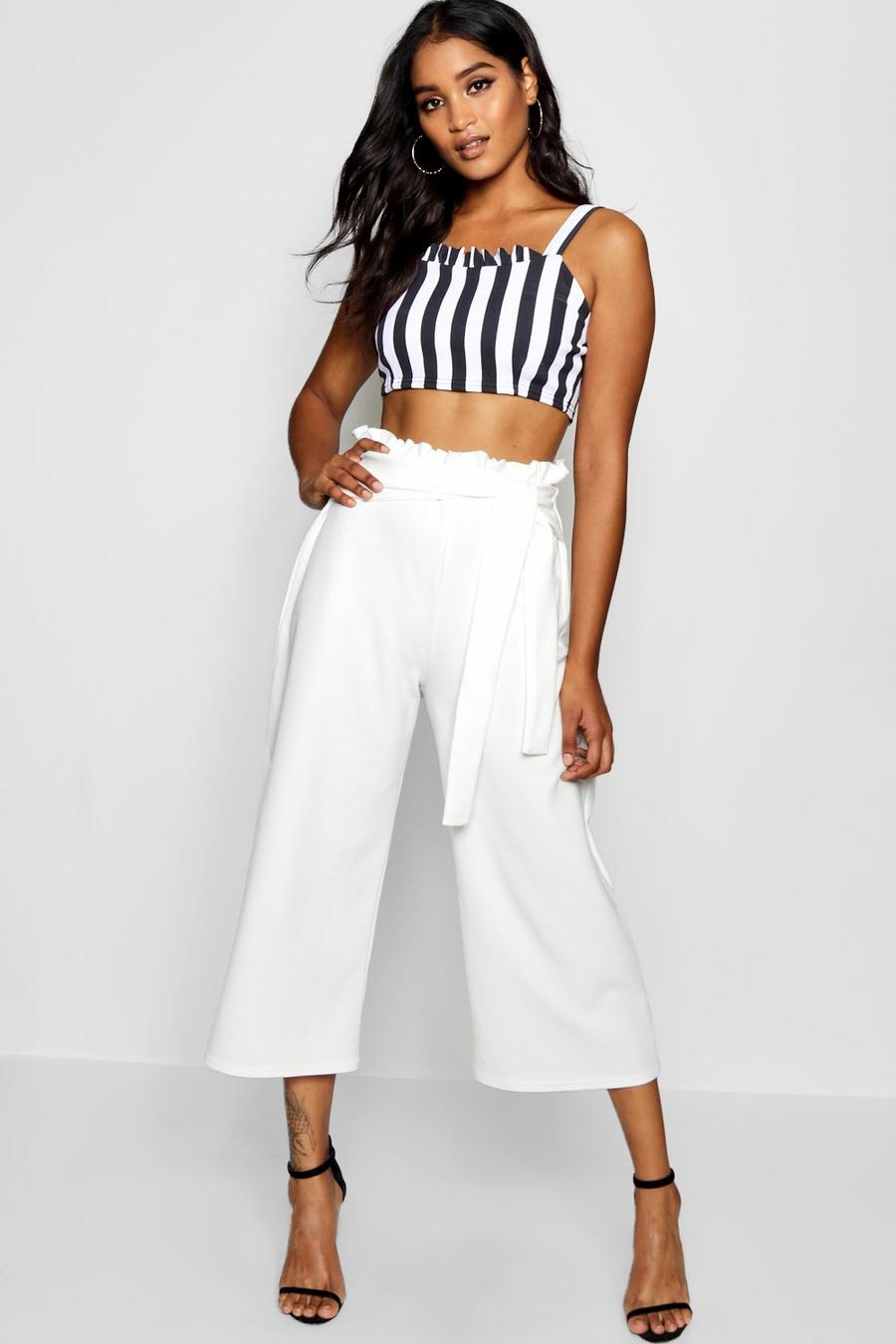 Ivory white Crepe Paperbag Tie Waist Culottes