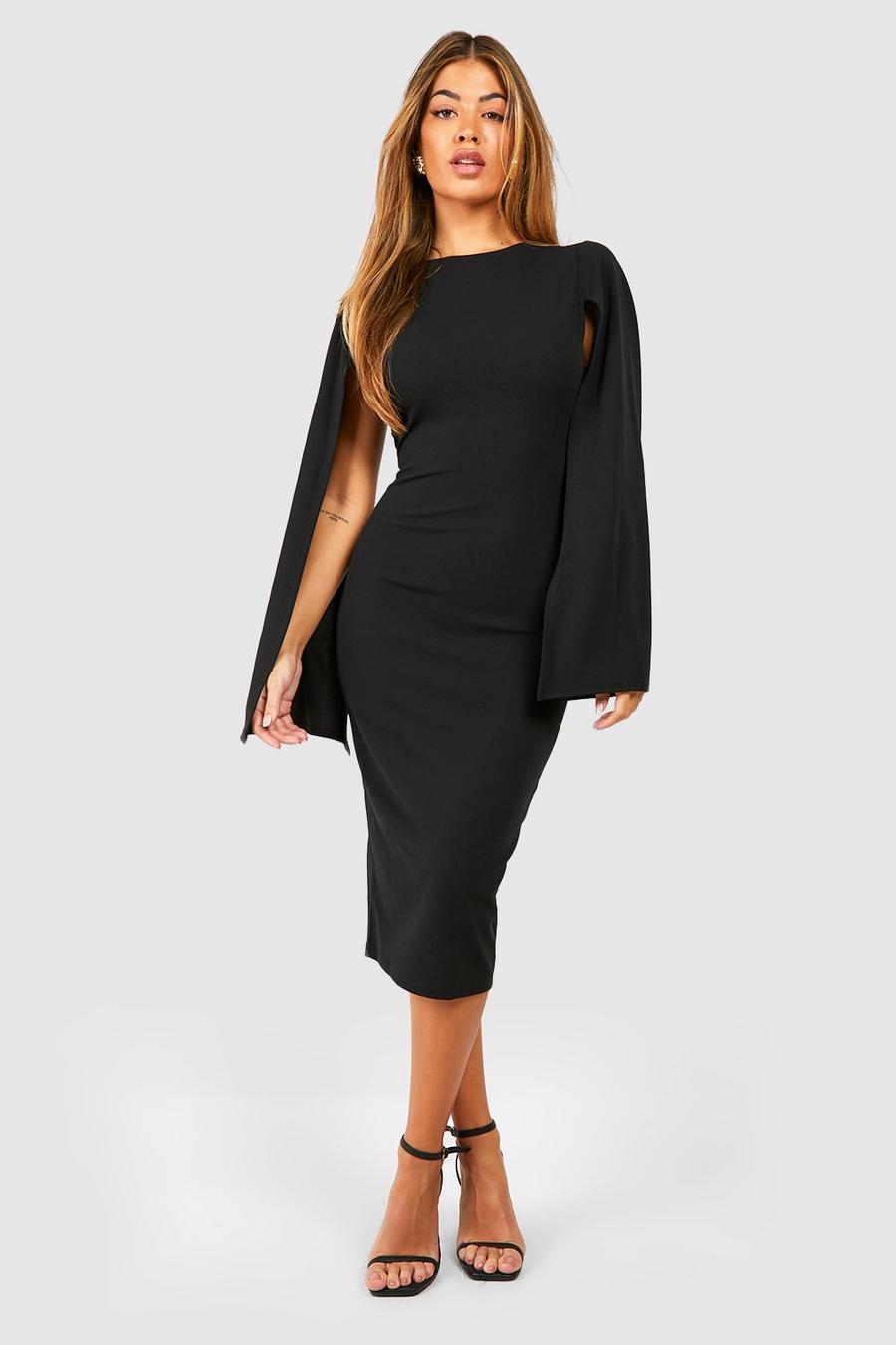 Black noir Cape Sleeve Bodycon Midi Dress