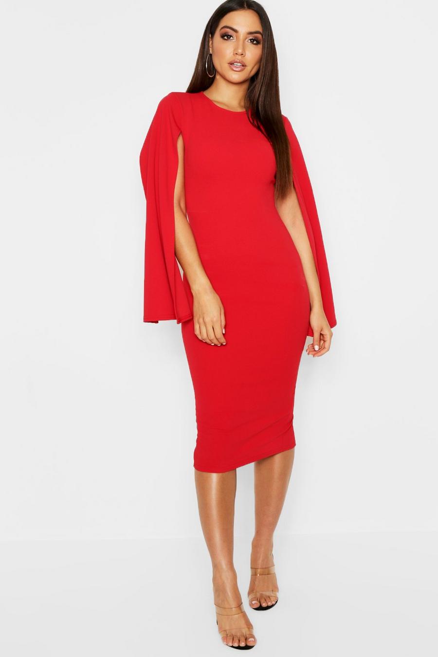 Red röd Cape Sleeve Bodycon Midi Dress