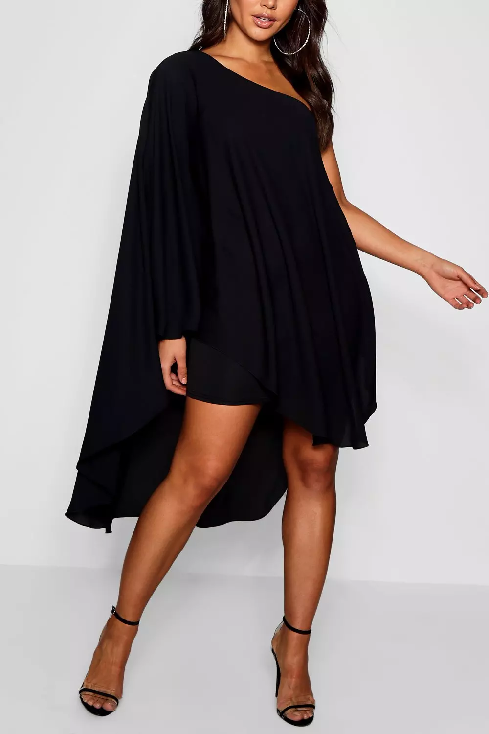 Batwing sleeve asymmetric hem 2025 skew neck black dress