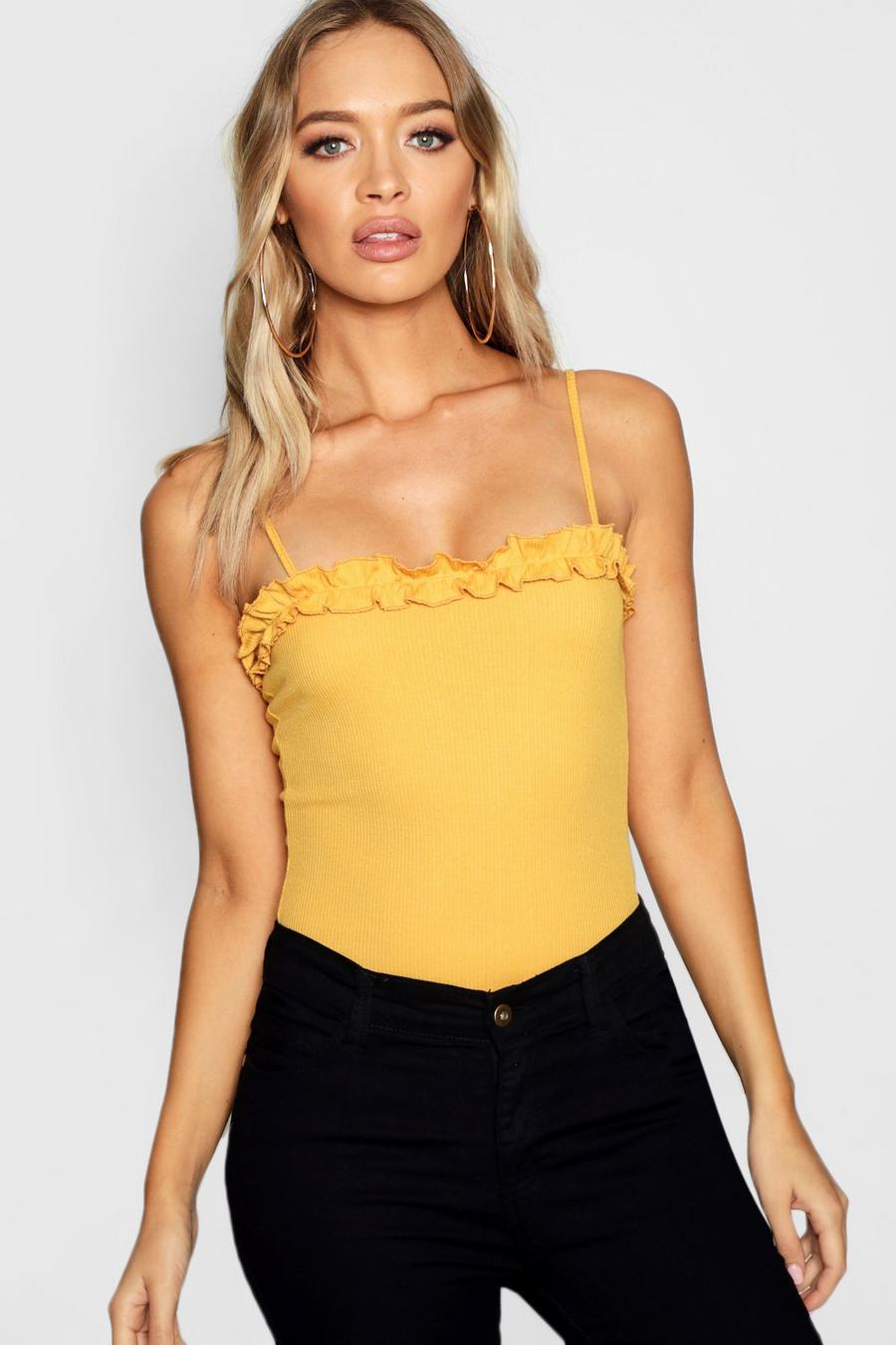 Mustard Strappy Ruffle Square Neck Bodysuit image number 1