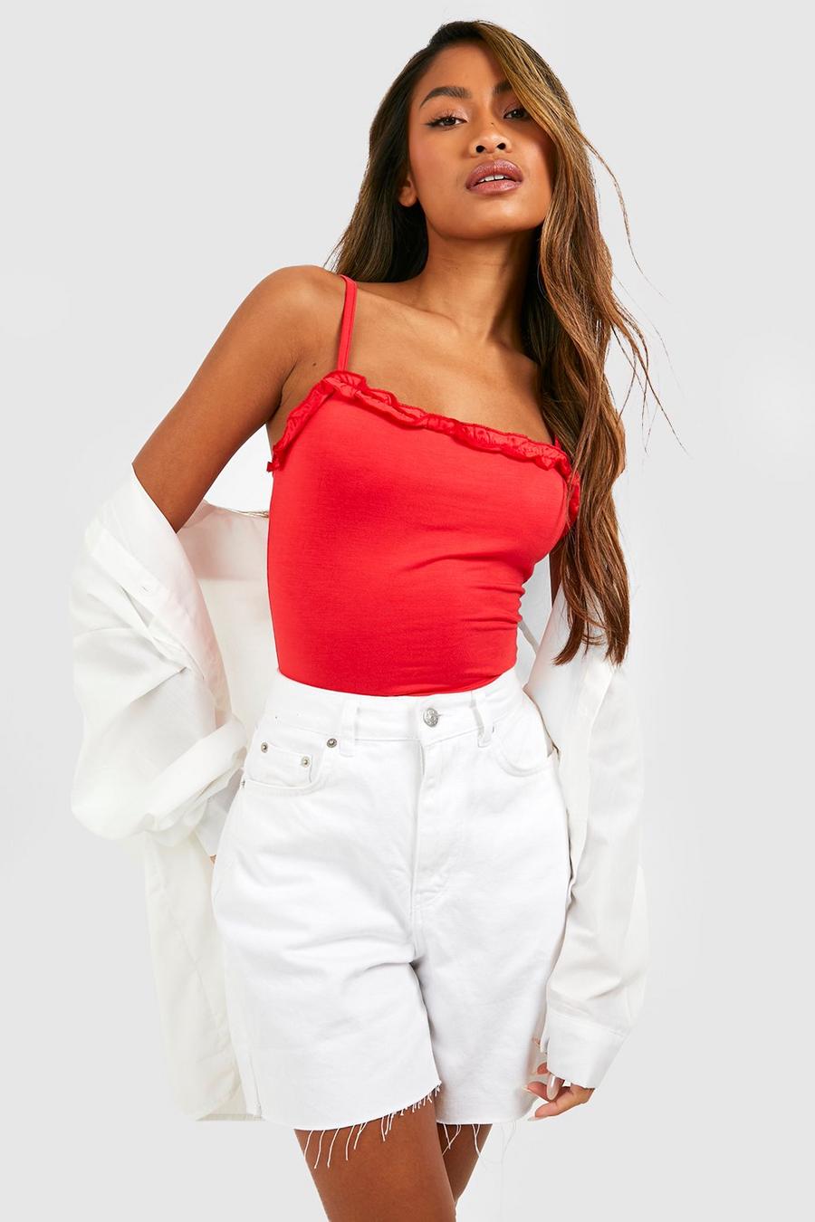Red röd Strappy Ruffle Square Neck Bodysuit image number 1