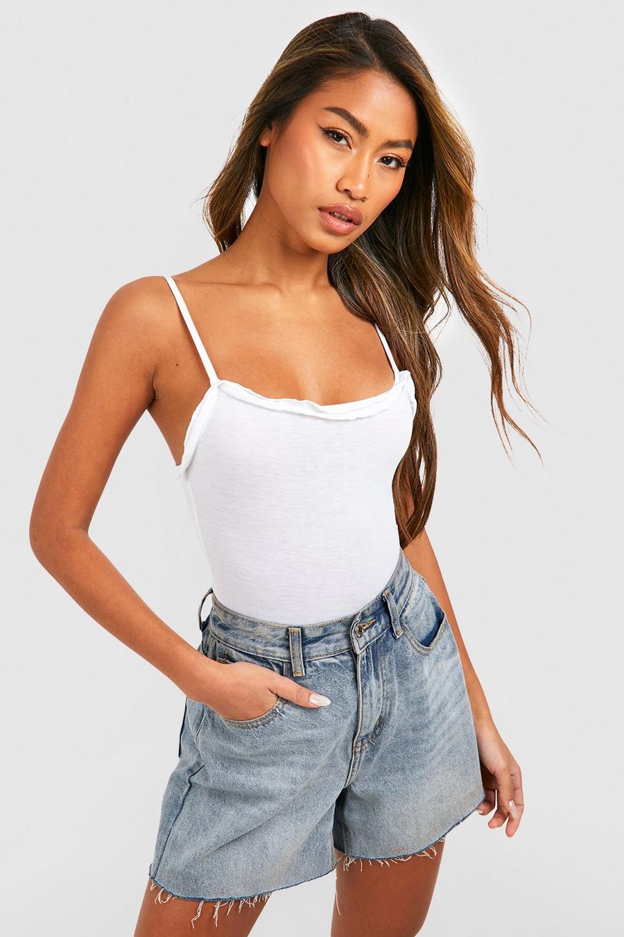 White Strappy Ruffle Square Neck Bodysuit image number 1