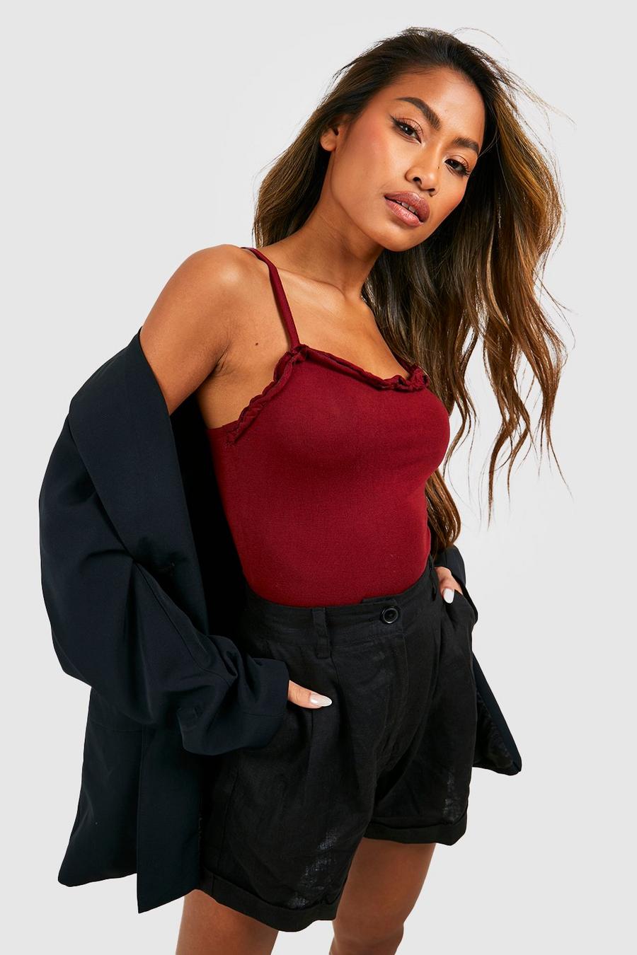 Wine Strappy Ruffle Square Neck Bodysuit image number 1