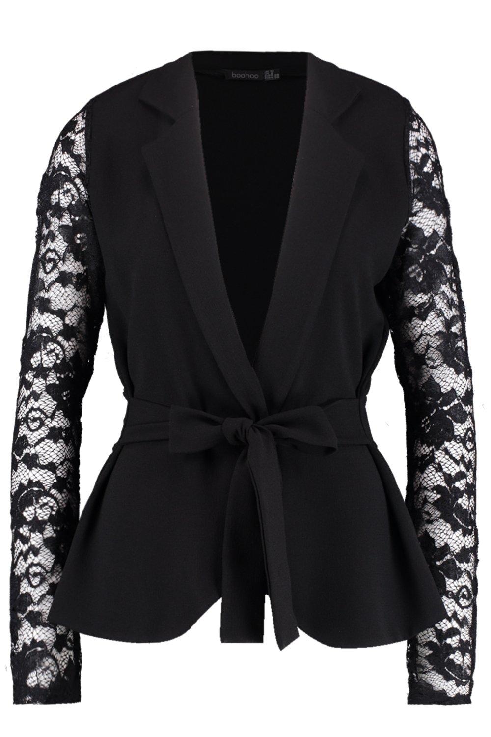Black Woven Lace Sleeve Belt Blazer, Two Piece Sets