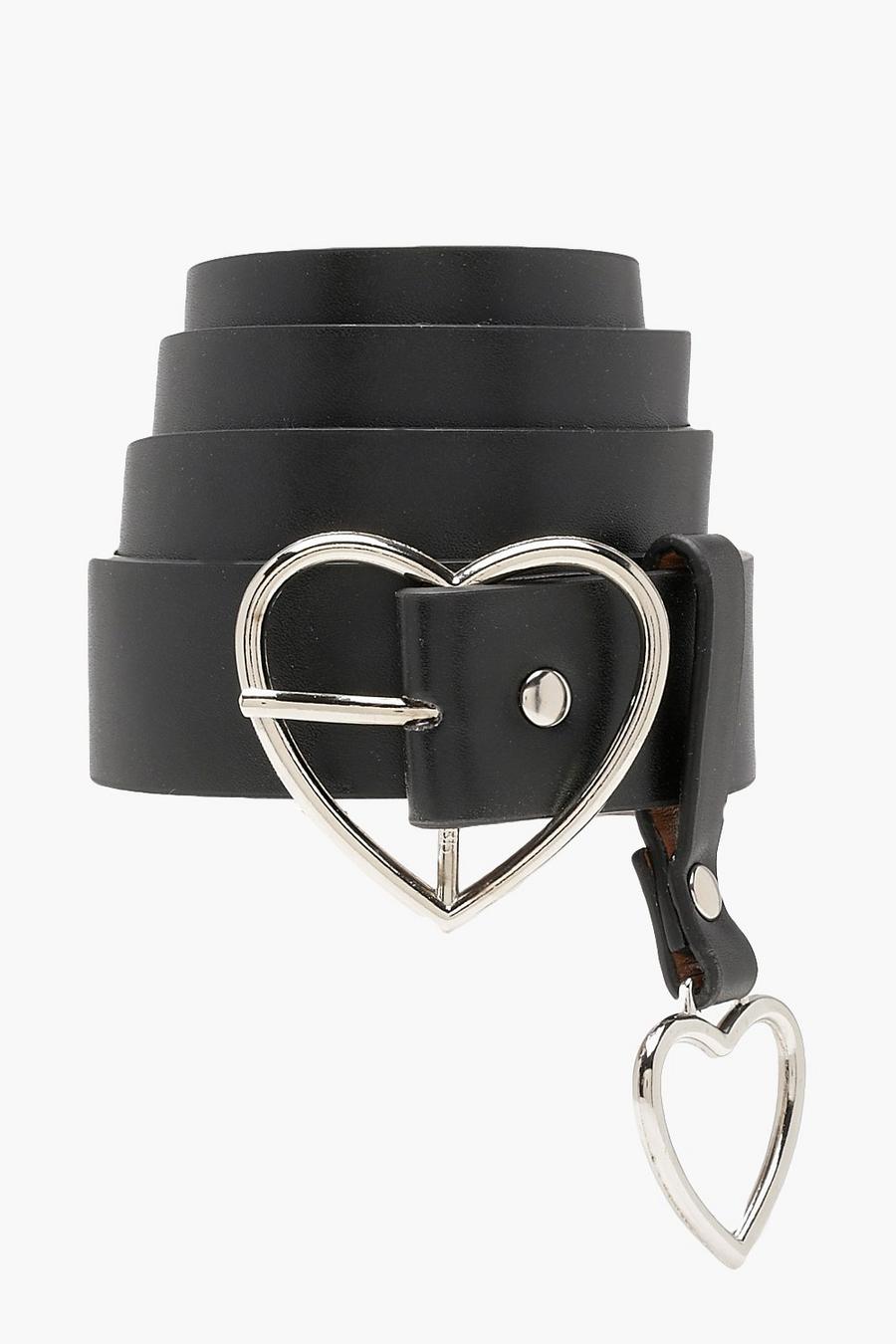 Black svart Heart Buckle and Charm Detail Belt