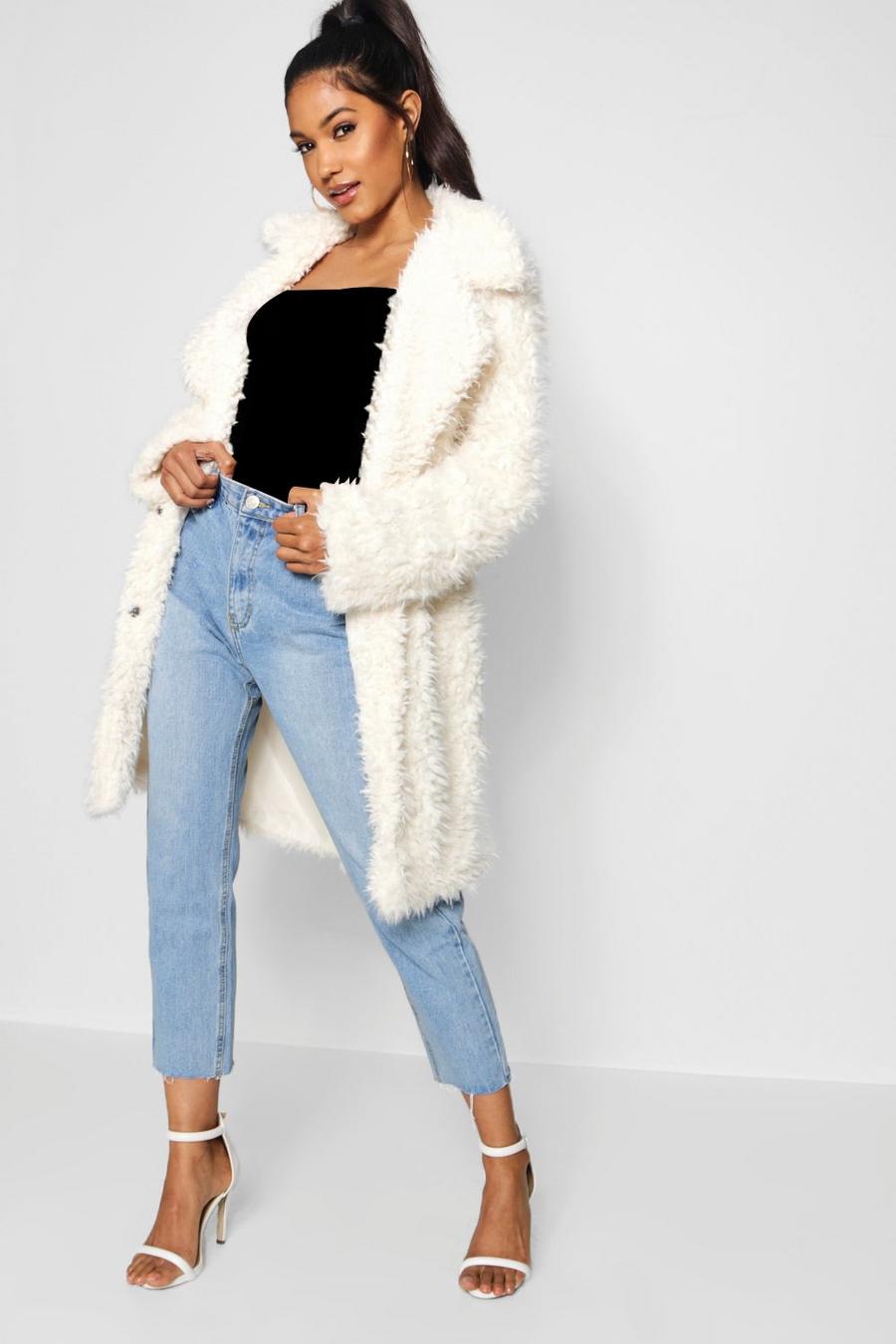 Cream white Shaggy Faux Fur Look Coat image number 1