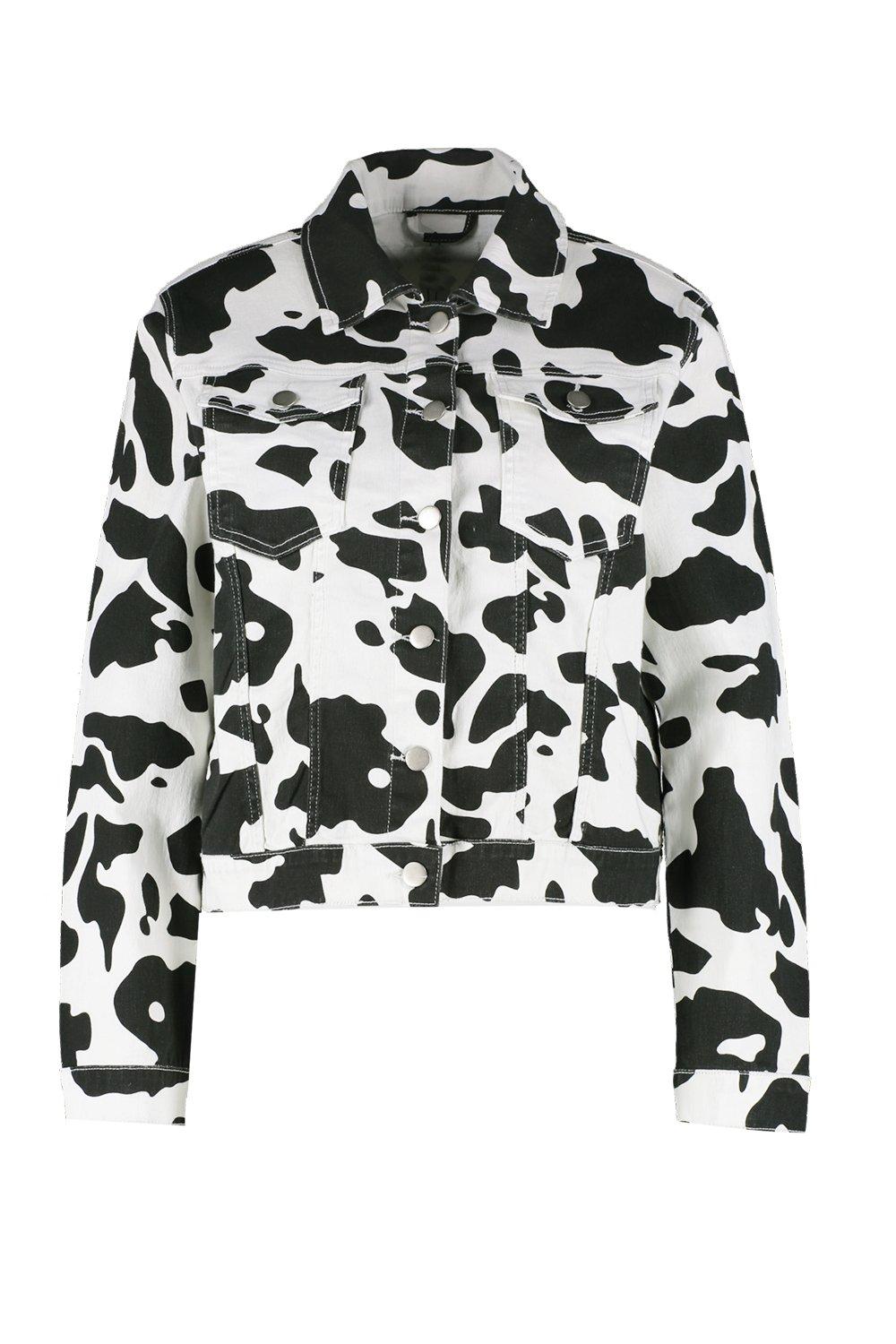 Cow Print Cropped Denim Jacket