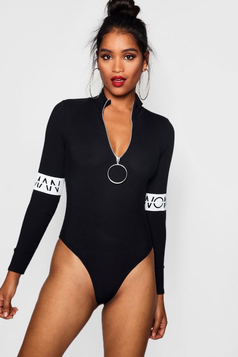 Black Woman Sleeve Zip Front Bodysuit image number 1