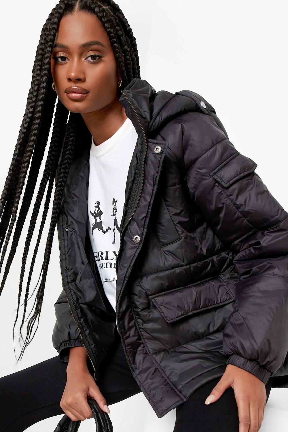 black puffer jacket with hood ladies