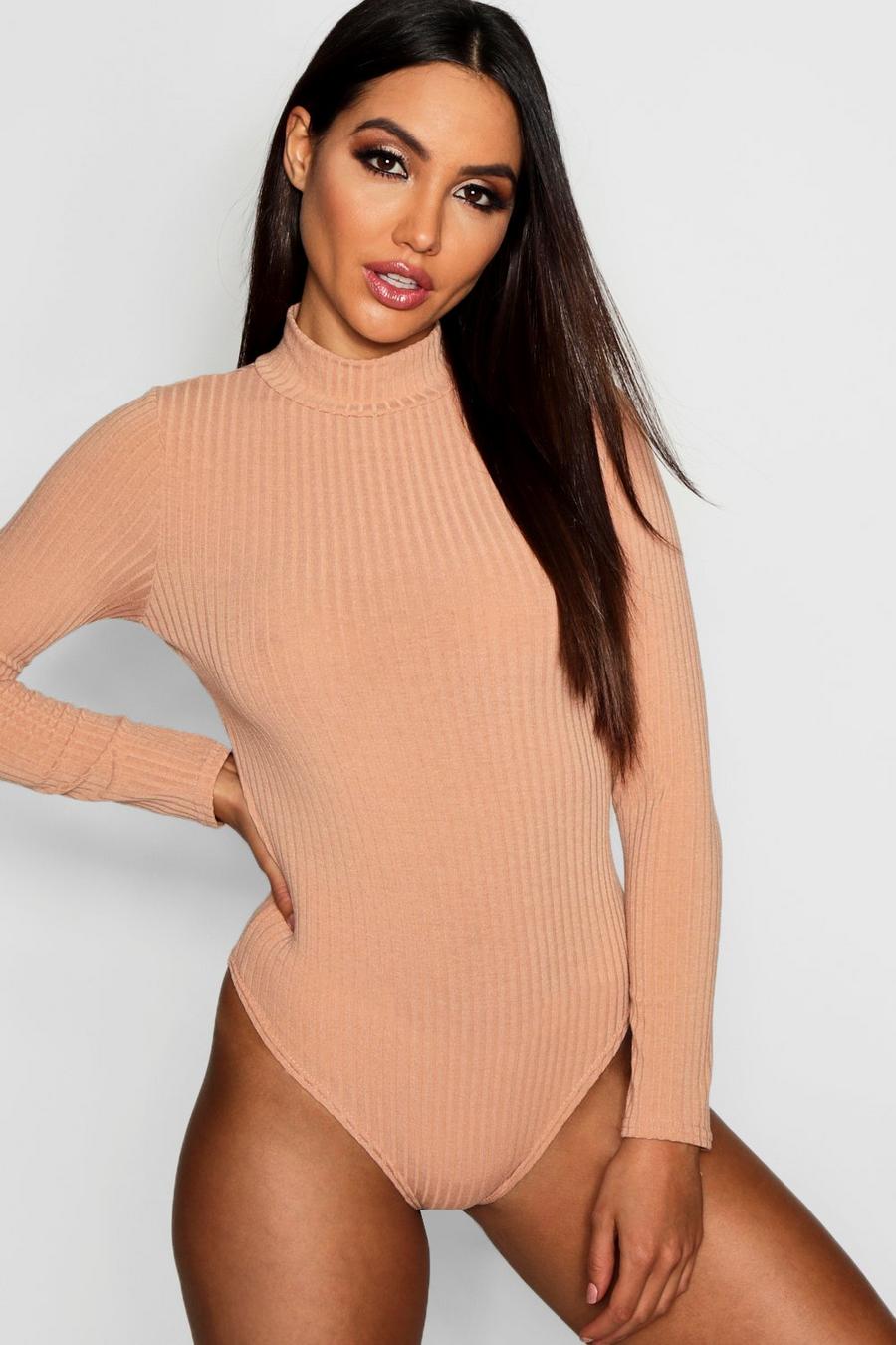 Camel beige Turtle Neck Long Sleeve Knitted Rib Bodysuit