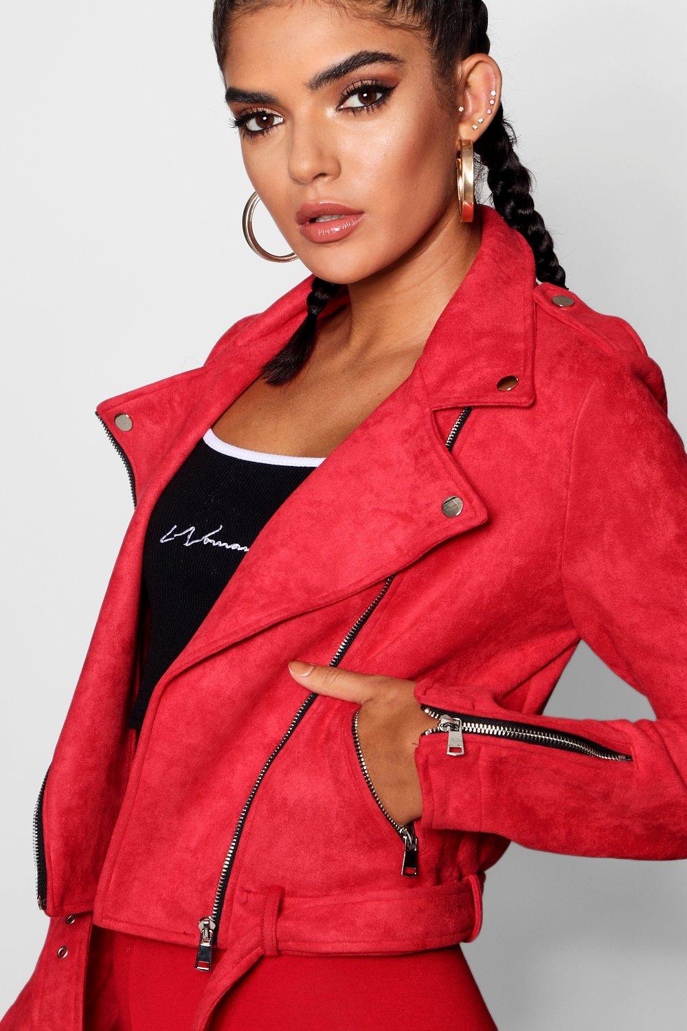 red faux suede biker jacket