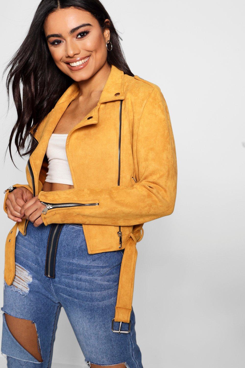 mustard biker jacket suede