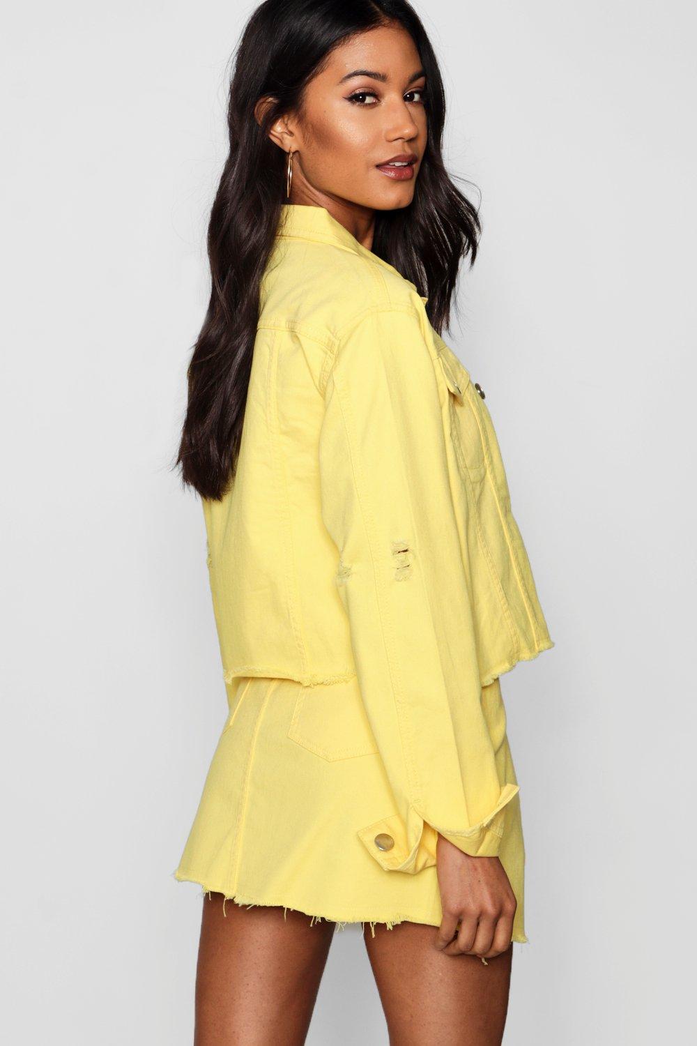 Cropped Contrast Stitch Lemon Denim Jacket boohoo NO