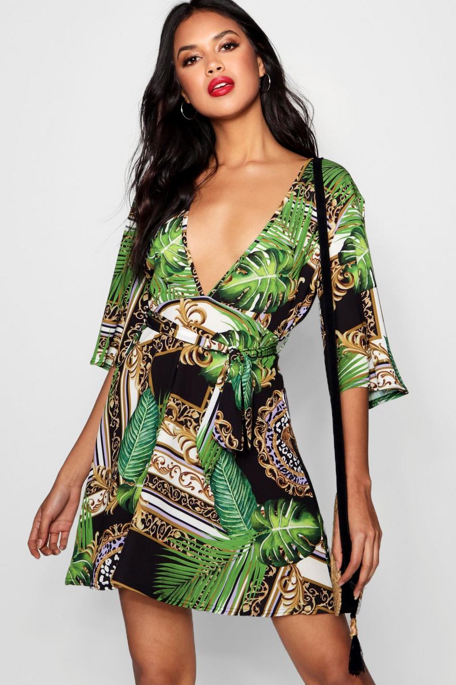 Kleid mit tiefem Ausschnitt, Taillenbindung und Kimonoärmeln image number 1