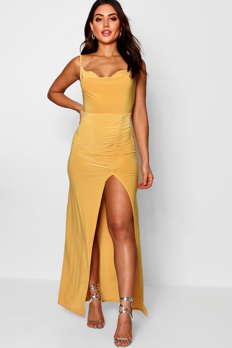 Cowl Neck Ruched Detail Maxi Dress, Mustard image number 1