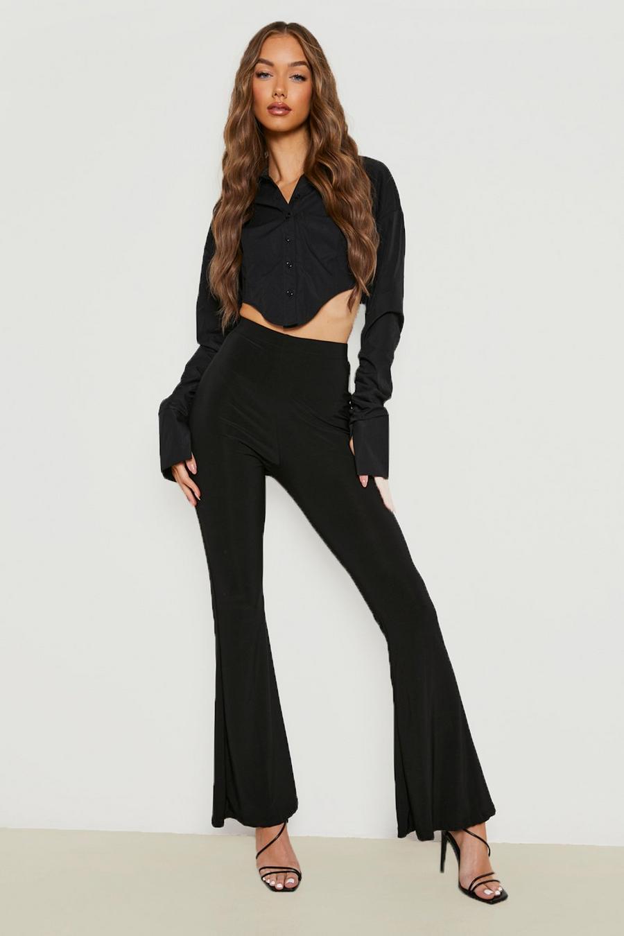 Black noir Basics High Waisted Slinky Skinny Flared Trousers image number 1