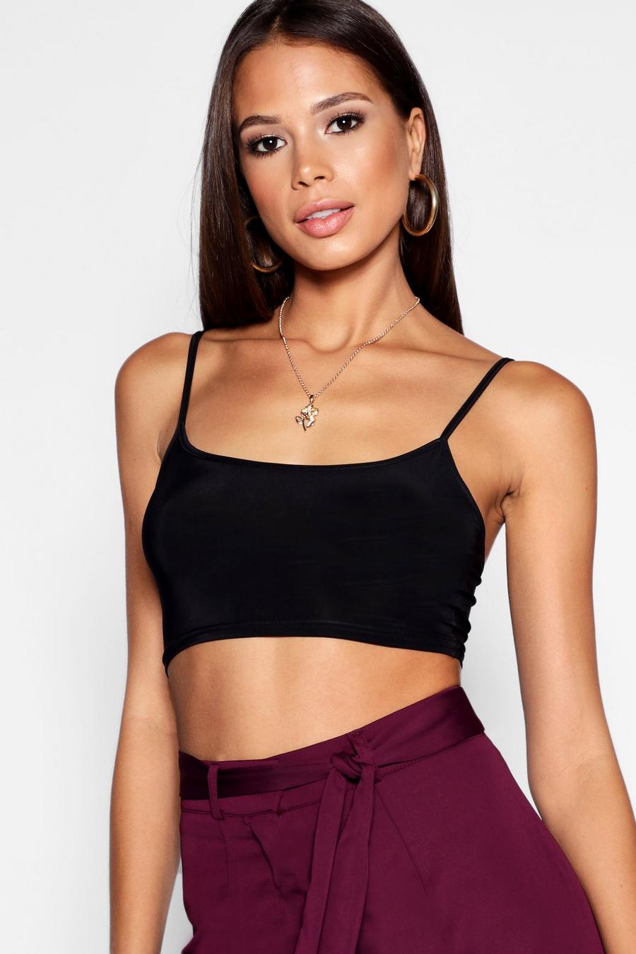 Black Tall Strappy Slinky Crop Top image number 1