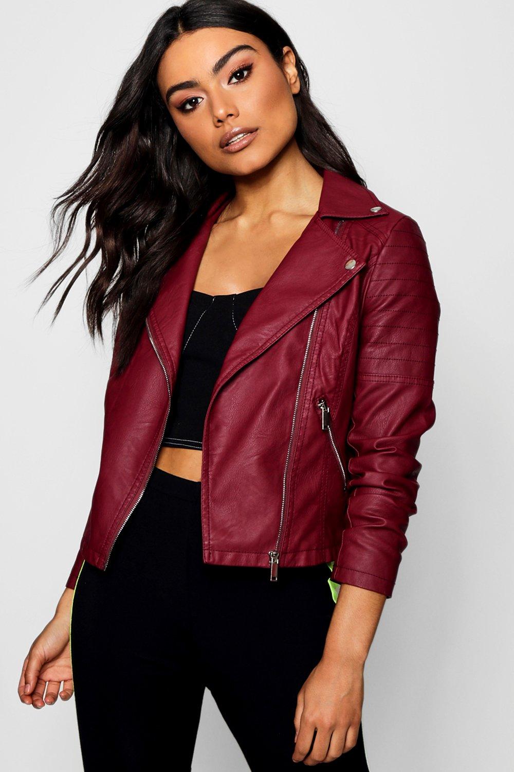 Burgundy Faux Leather Biker Jacket