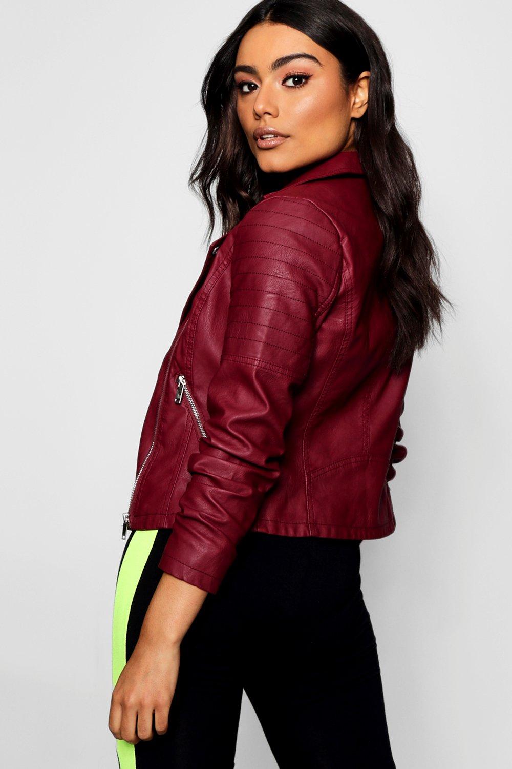 burgundy faux leather biker jacket