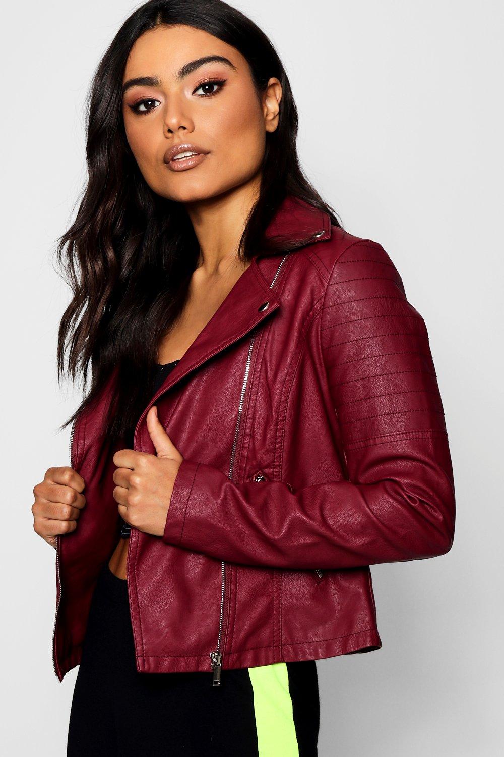 burgundy faux leather biker jacket