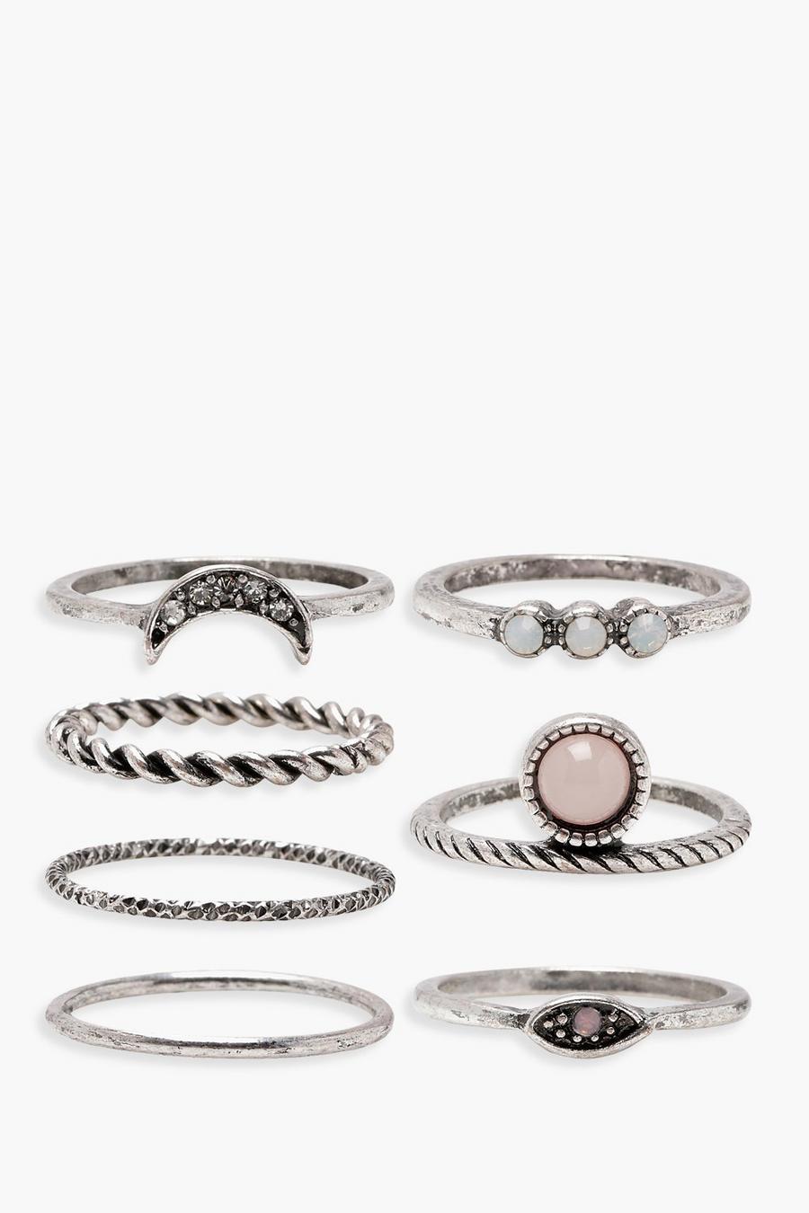 Silver Moon Stone Detail Rings 7 Pack image number 1