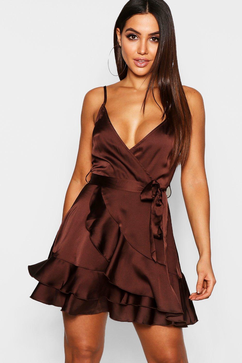 satin frill skirt wrap skater dress