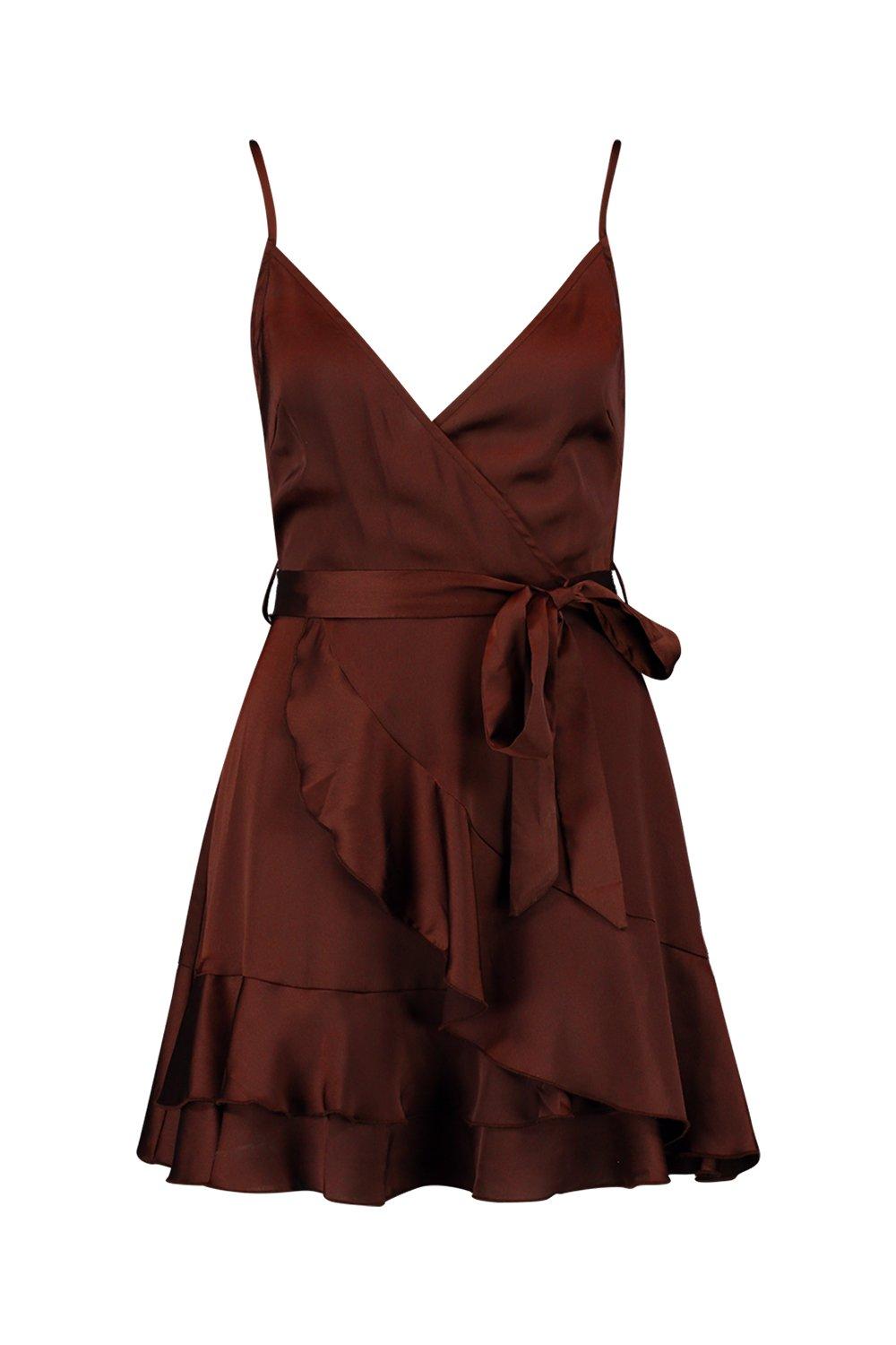 satin frill skirt wrap skater dress