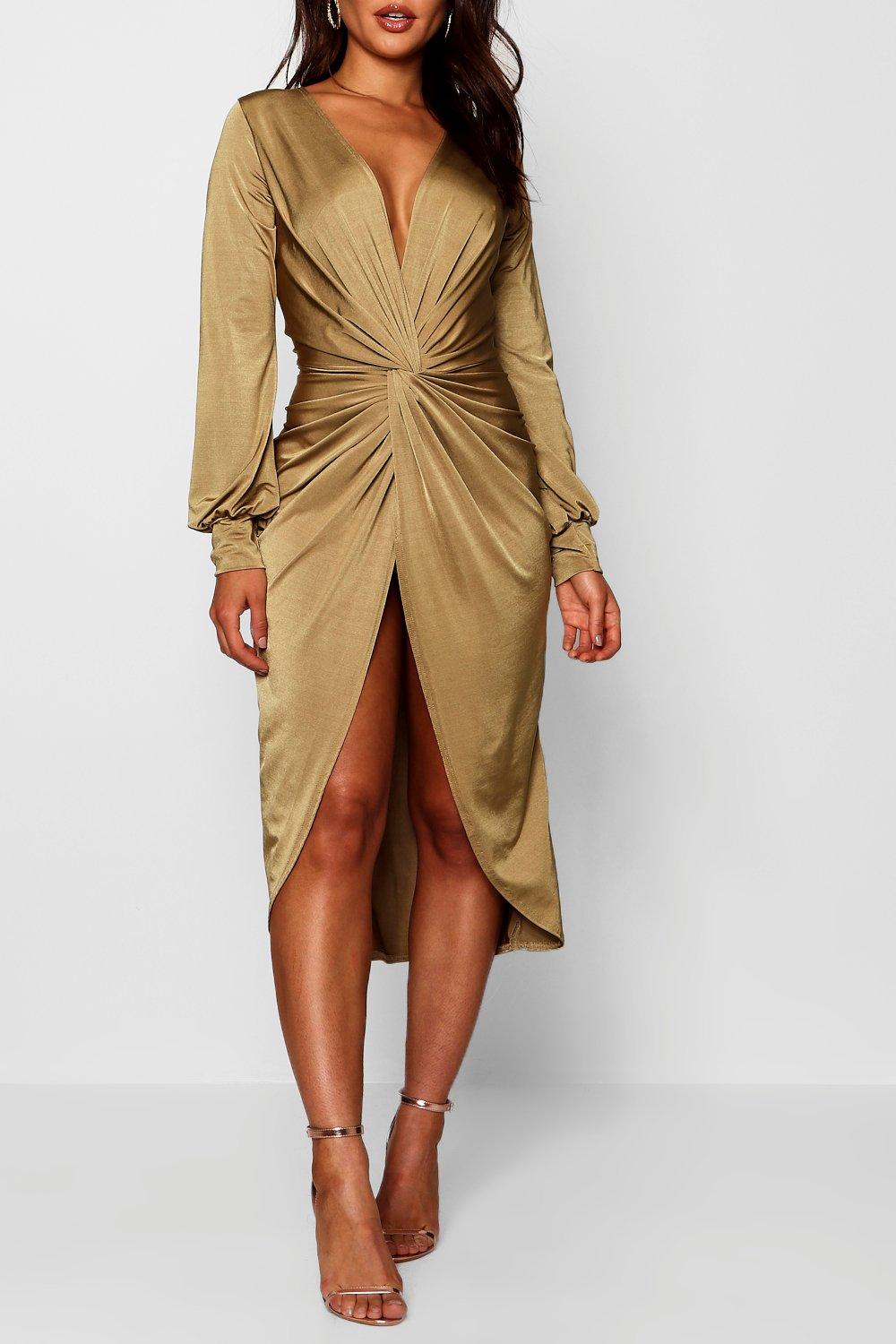 Twist front plunge slinky midi sale dress