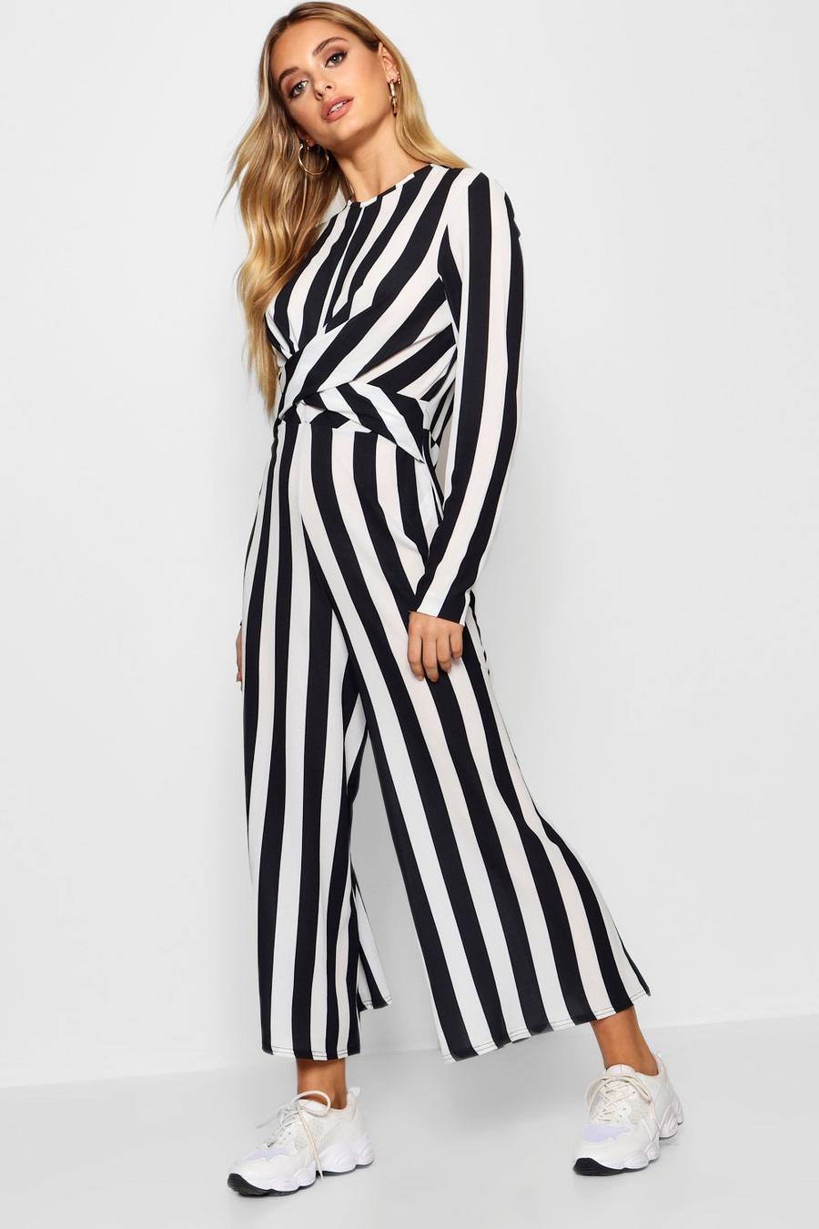 Women's Monochrome Stripe Twist Front Jumpsuit | Boohoo UK