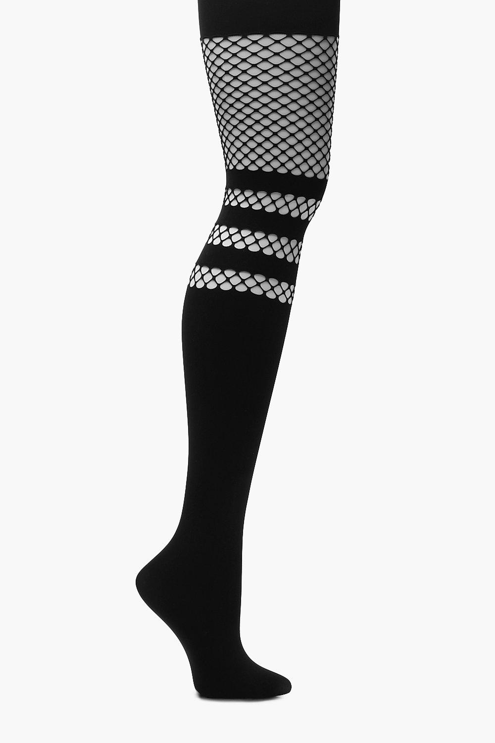 Sports Stripe Mock Hold Up Fishnet Tights