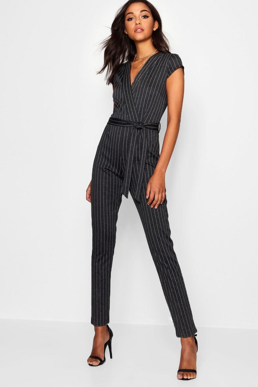 Grey Pinstripe Capped Sleeve Jumpsuit image number 1